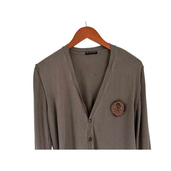 Sisley Mens Brown V-Neck Button-Up Cardigan Sweater With Scull Patch Logo - Picture 3 of 10
